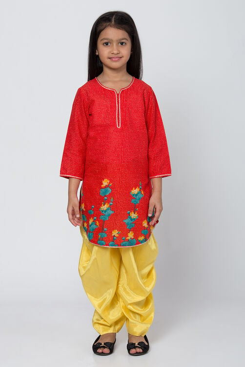Red And Yellow Cotton Straight Kurta Dhoti Salwar Suit Set image number 2