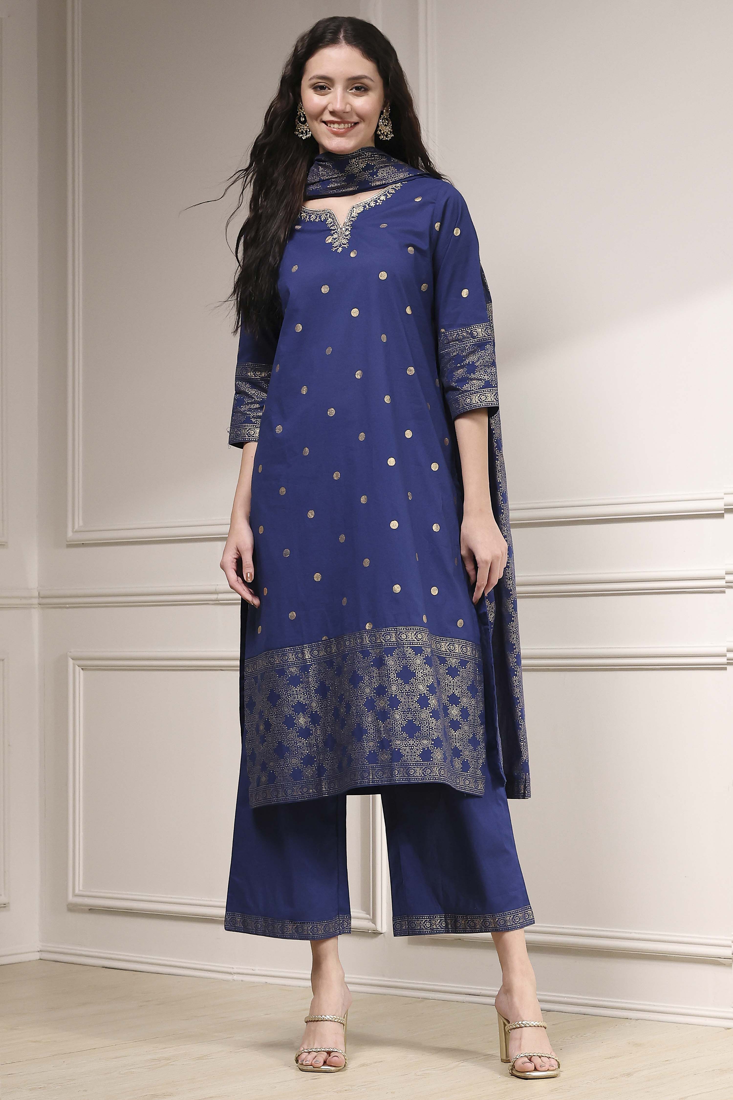 Blue Cotton Printed Straight Suit Set image number 6