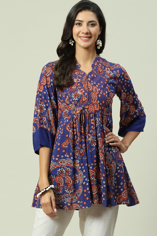 Red Rayon Flared Printed Kurti image number 0
