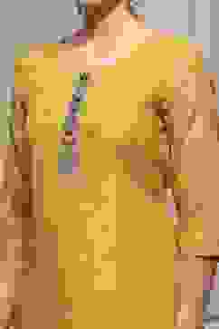 Yellow Chanderi Blend Printed Embroidered Unstitched Suit Set image number 2