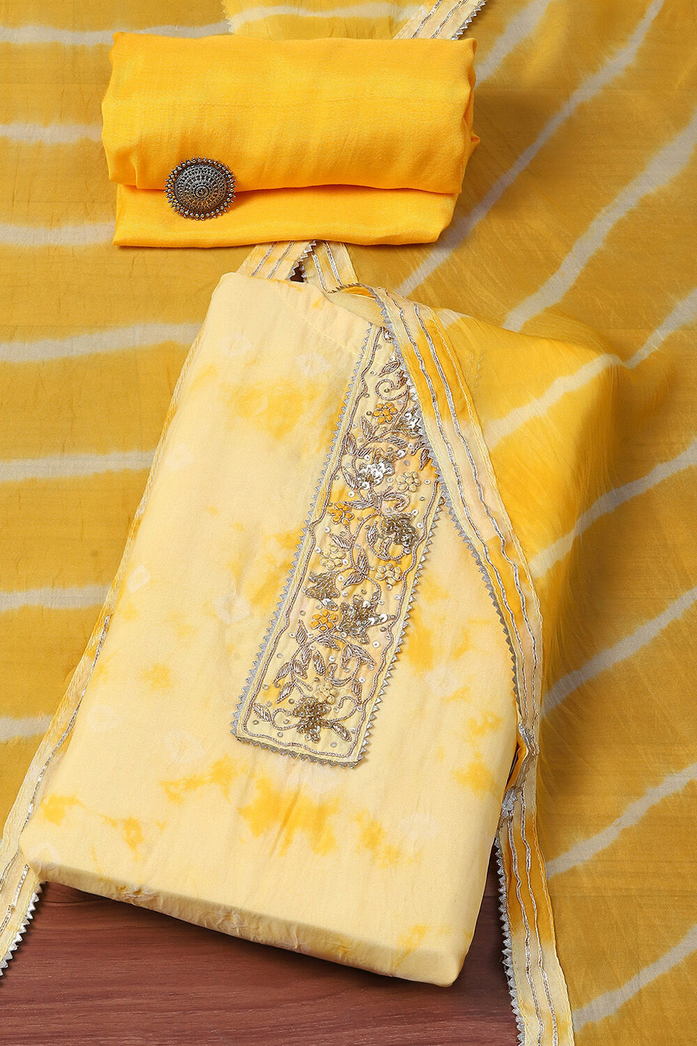 Yellow Organza Unstitched Suit set image number 0