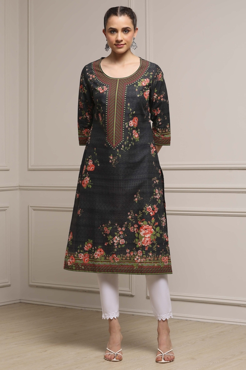 Black Cotton Printed Straight Kurta image number 0