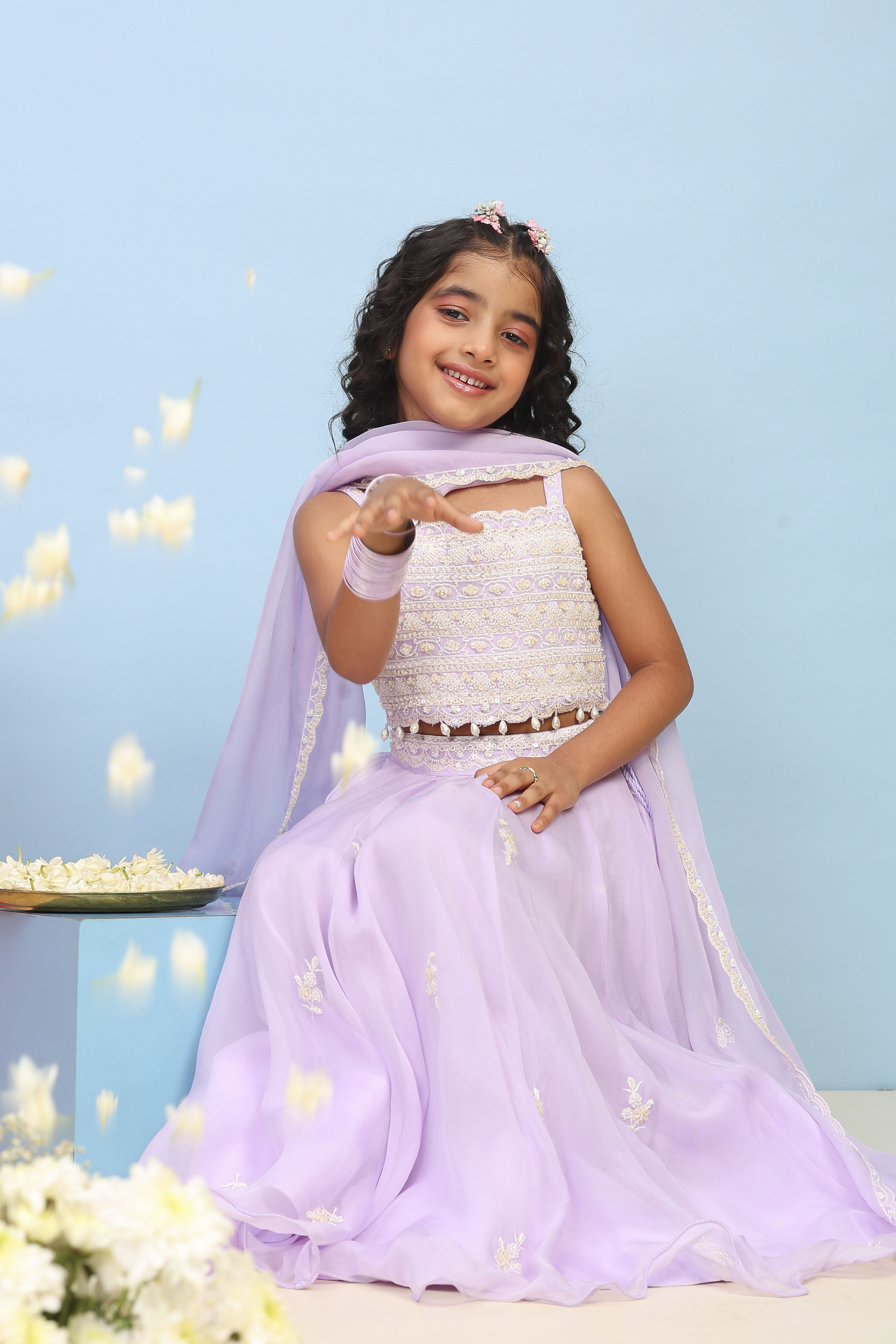 Lilac Viscose Rayon Embroidered Flared Lehenga Set image number 0