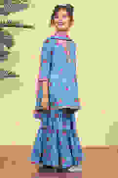 Blue Cotton Printed Flared Sharara Suit Set image number 7