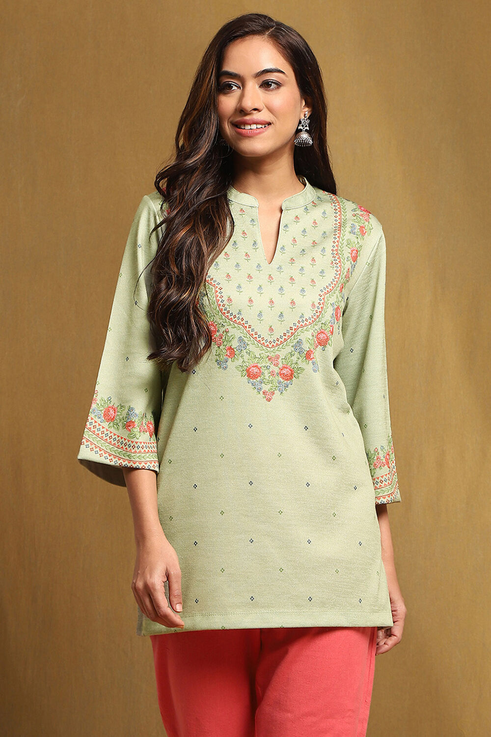 Mint Green Knit Printed Straight Winter wear Short Kurta image number 5