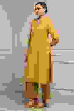 Yellow Cotton Yarndyed Straight Kurta image number 2