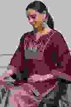 Maroon and Gold-Toned Cotton Silk Blend Sharara Suit Set image number 0