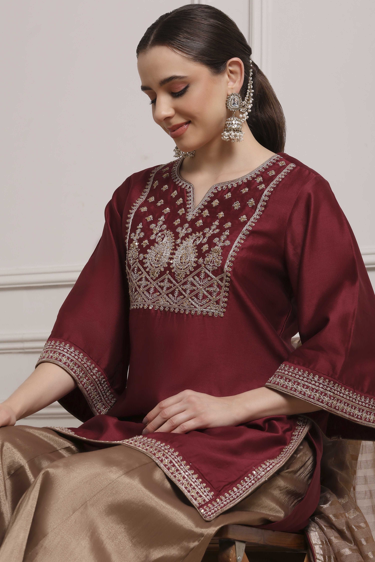 Maroon and Gold-Toned Cotton Silk Blend Sharara Suit Set