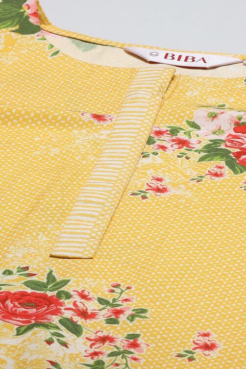 Yellow Printed Viscose A-Line Kurta Slim Pants Suit Set image number 1