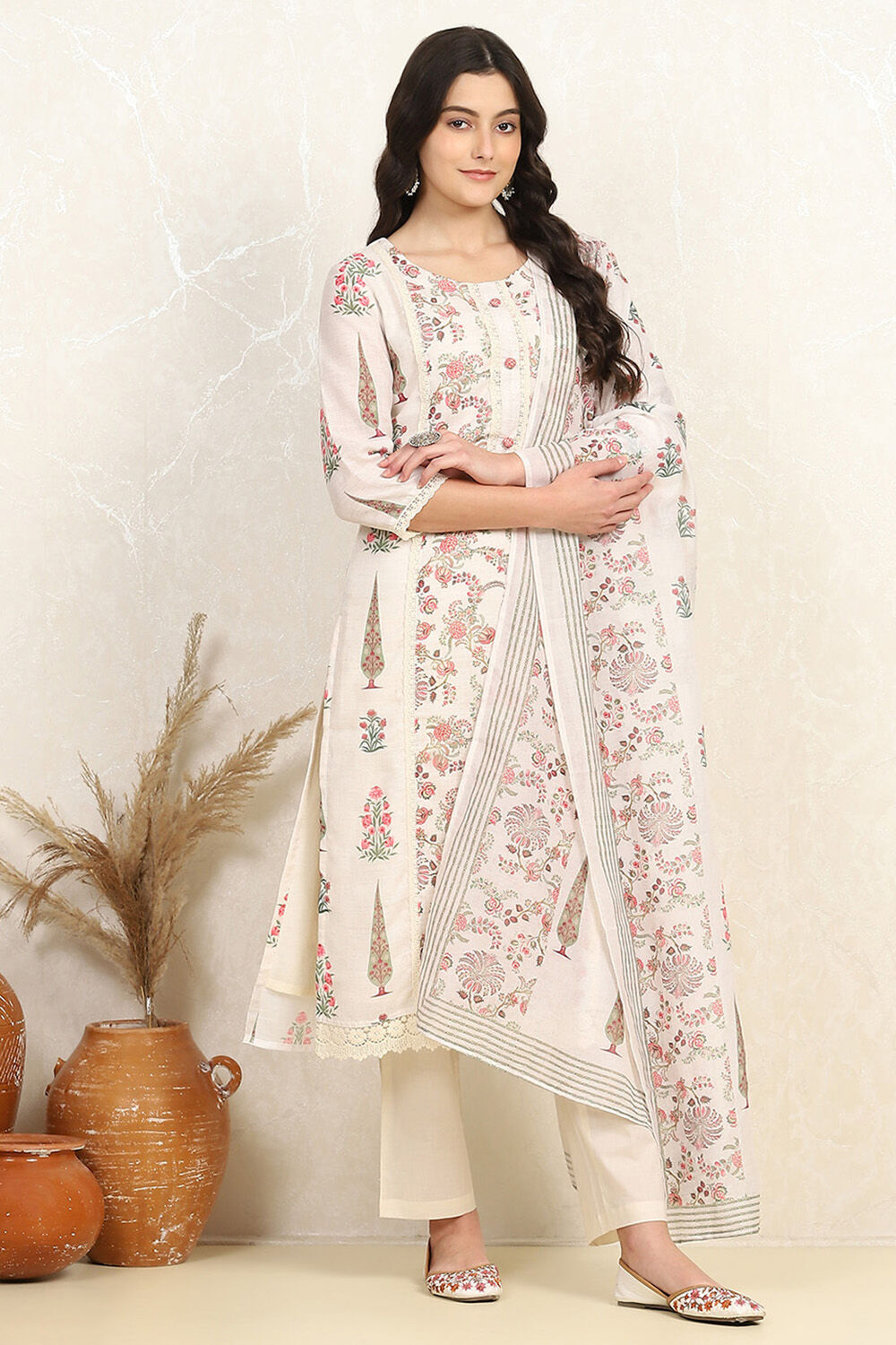 White Blue Cotton Blend Machine Embroidered Unstitched Suit Set image number 6