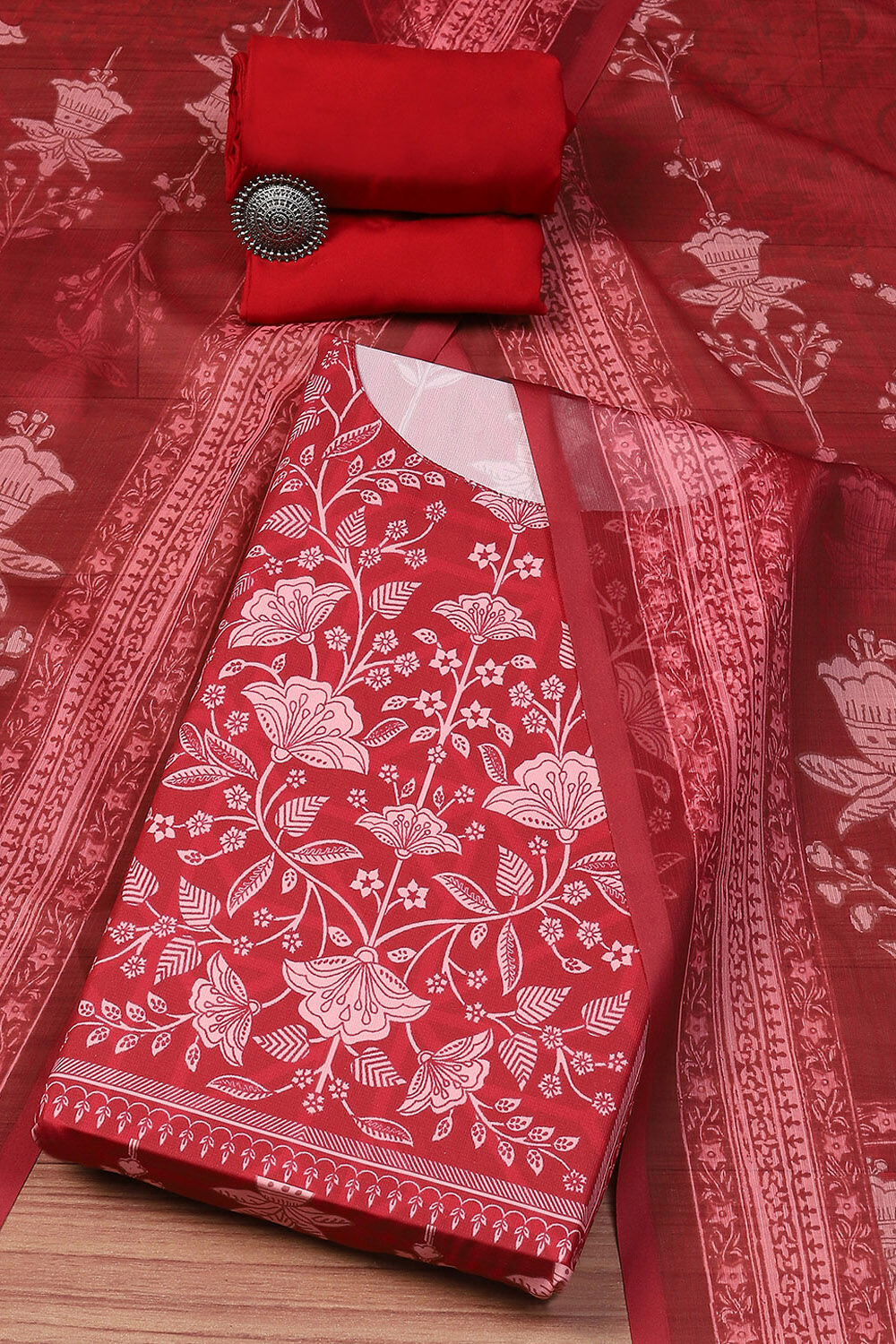 Green & Maroon Silk Blend Digital Print Unstitched Suit Set image number 0