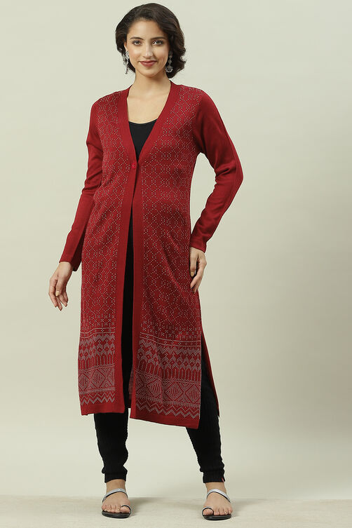 Maroon Acrylic Straight Yarndyed Kurta image number 2