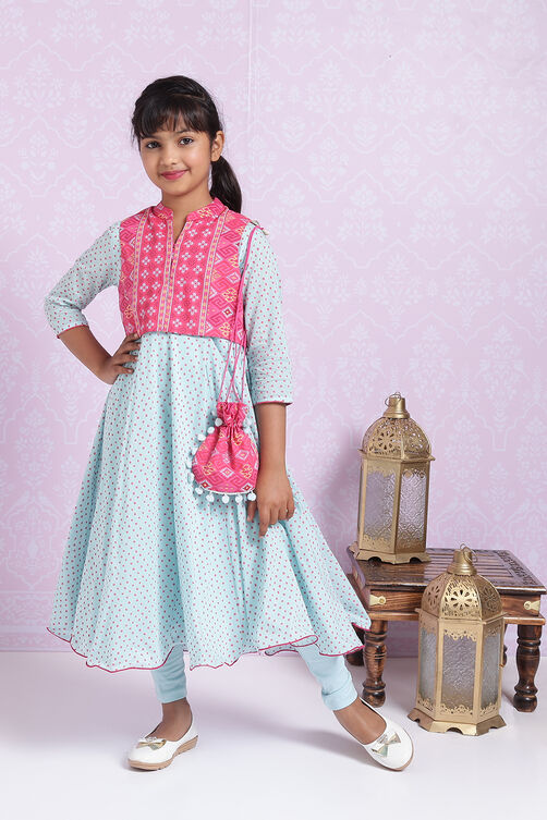 Sky Blue And Pink Cotton Anarkali Suit image number 0