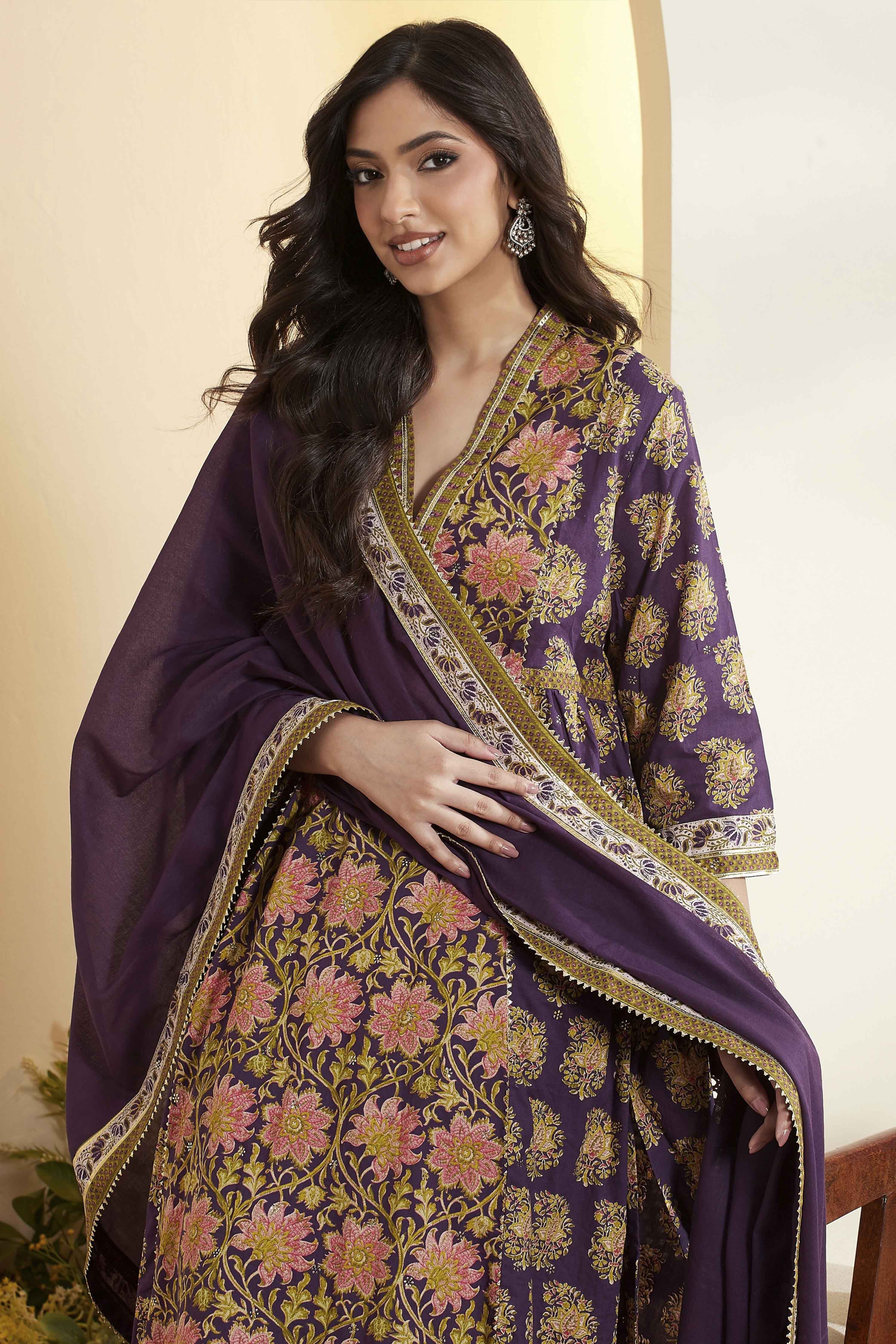 Purple Cotton Asymmetric Suit Set image number 1
