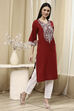 Maroon Cotton Dyed Straight Kurta image number 4
