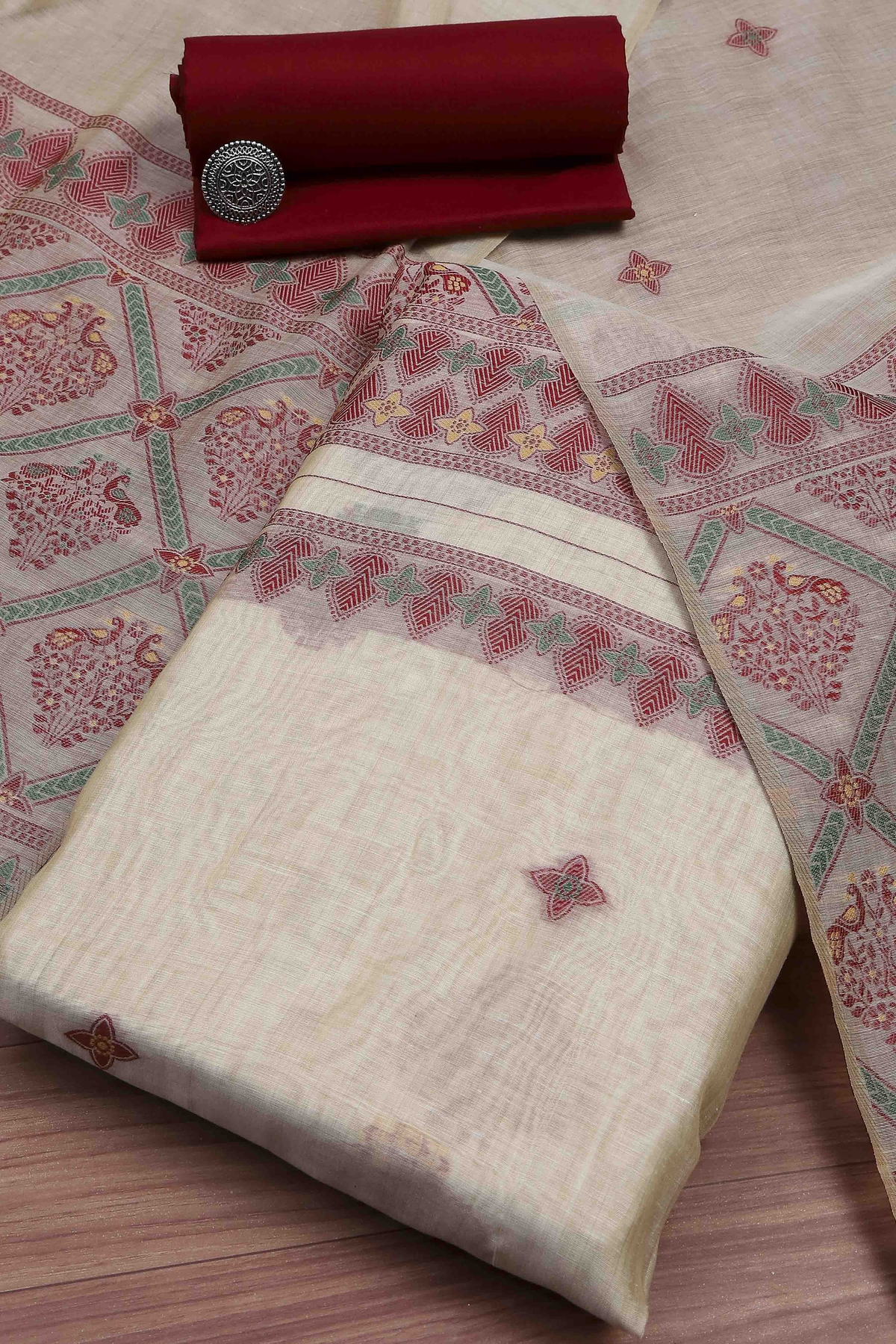 Maroon Cotton Printed Embroidered Unstitched Suit Set