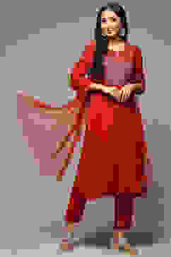 Red Rayon Gathered Kurta Pants Suit Set image number 7