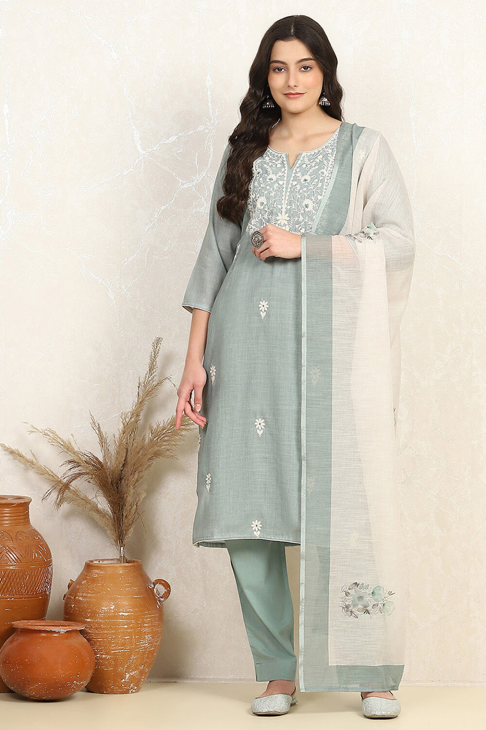 Teal Cotton Embroidered Unstitched Suit Set image number 7