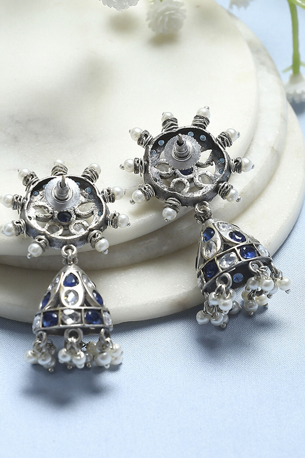 Blue White Brass Jhumka image number 2
