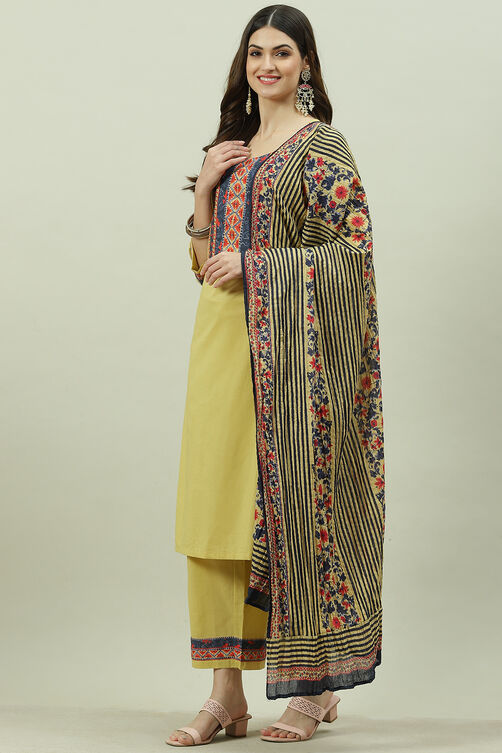 Beige Solid Cotton Straight Kurta Palazzo Suit Set image number 5