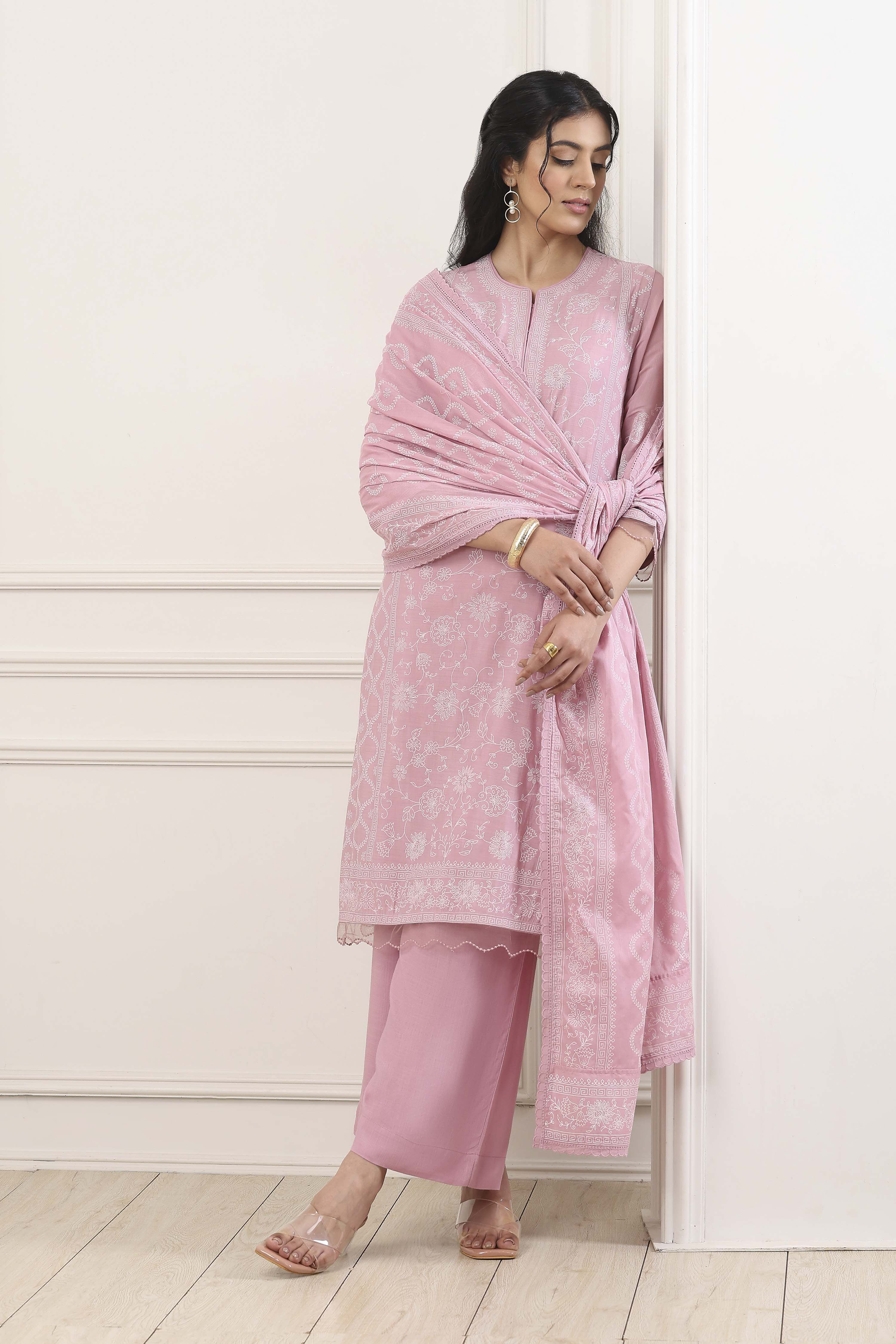 Pink Chanderi Lace Trim Floral Straight Suit Set image number 0
