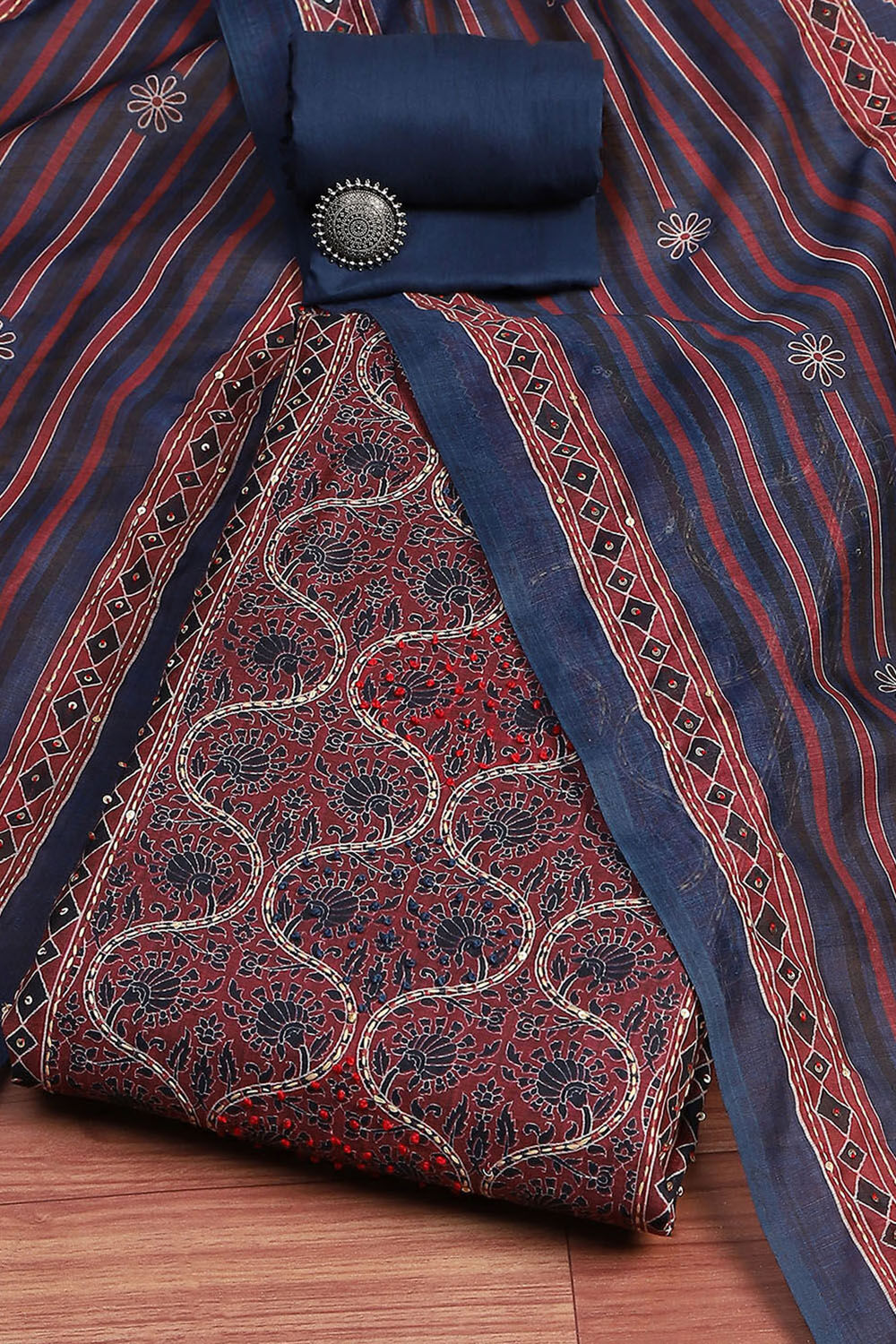 Yellow Chanderi Printed  Embroidered Unstitched Suit Set image number 0