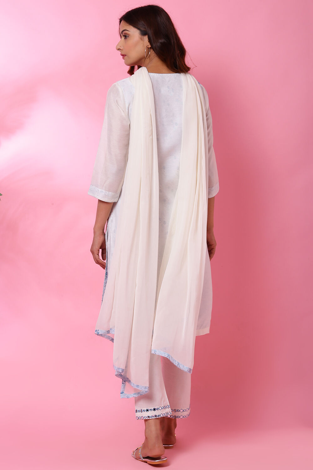 Off White Art Silk Straight Kurta Regular Pant Suit Set image number 1