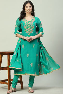 Turquoise Art Silk Straight Kurta Churidar Suit Set image number 6