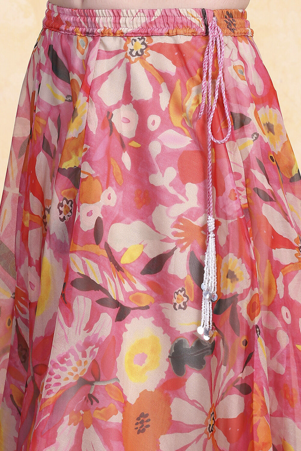 Off-White and Pink Printed Flared Lehenga Set image number 2