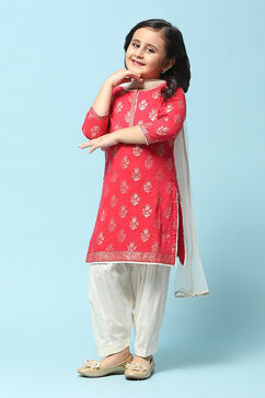 Red Cotton Straight Printed Kurta Patiala Salwar Suit Set image number 0