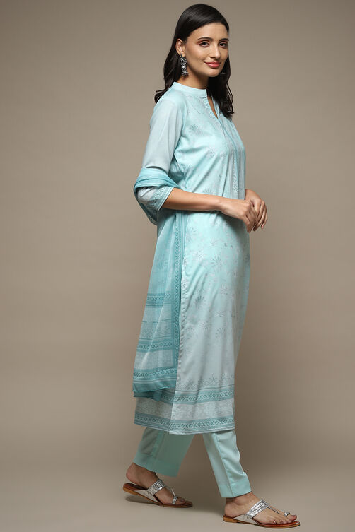 Light Blue Silk Blend Digital Print Unstitched Suit Set image number 7