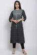 Black Cotton Flax Straight Printed Kurta image number 0