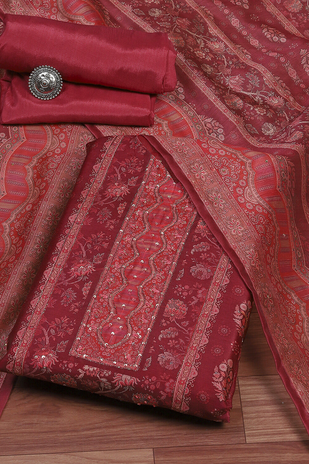 Teal Chanderi Unstitched Suit Set image number 0