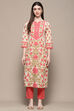Off-white & Blue Cotton Floral Straight Kurta image number 5
