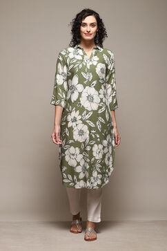 Olive Green LIVA Straight Printed Kurta image number 5