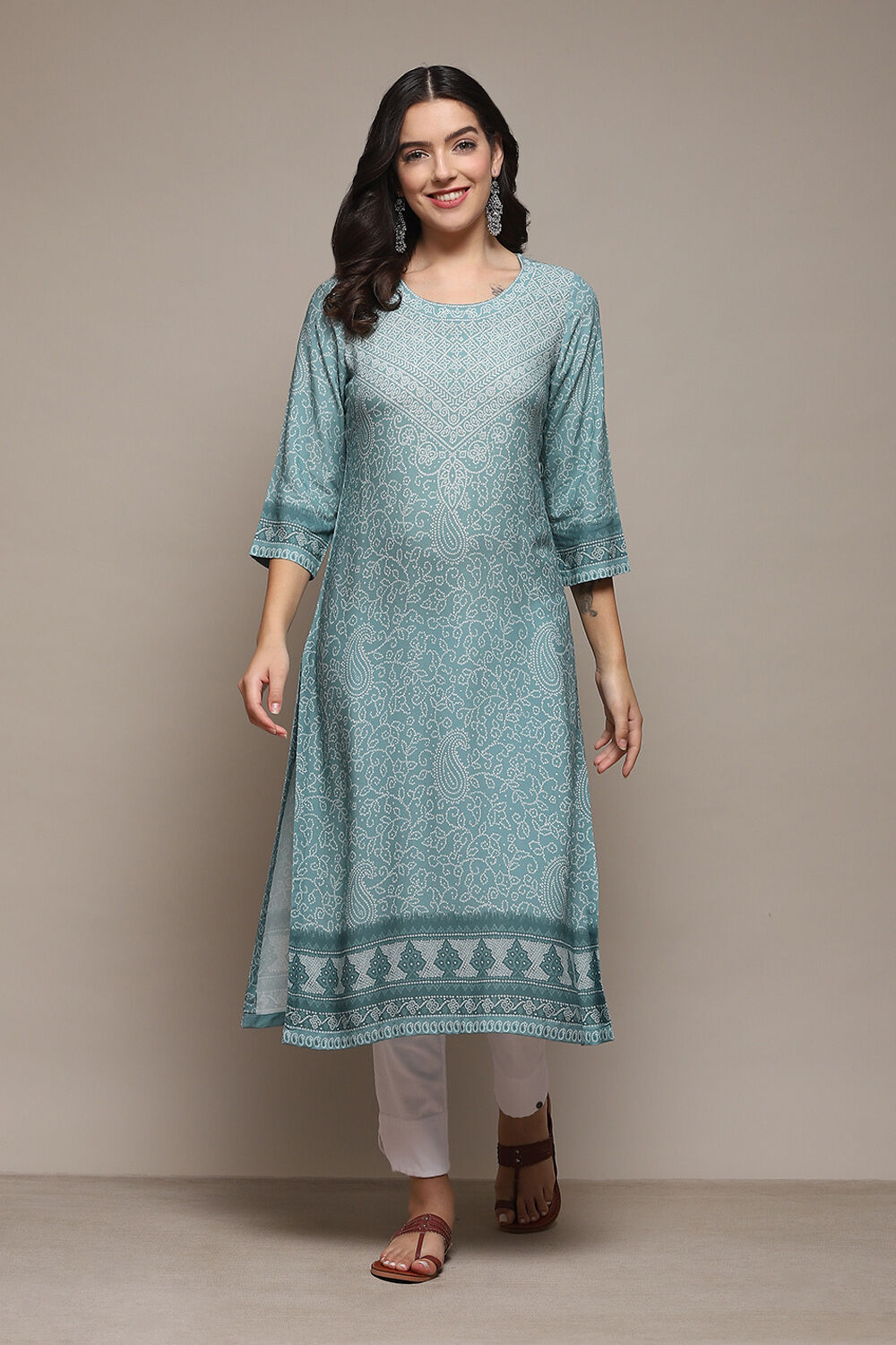 Turquoise Bandhani Printed Straight Kurta image number 3
