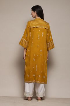 Mustard Poly Cotton Straight Yarndyed Kurta image number 3