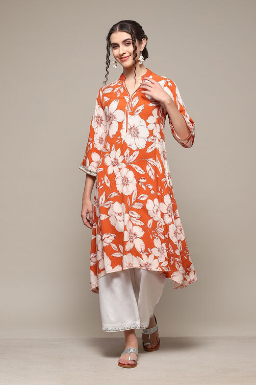 Burnt Orange LIVA Straight Printed Kurta image number 3