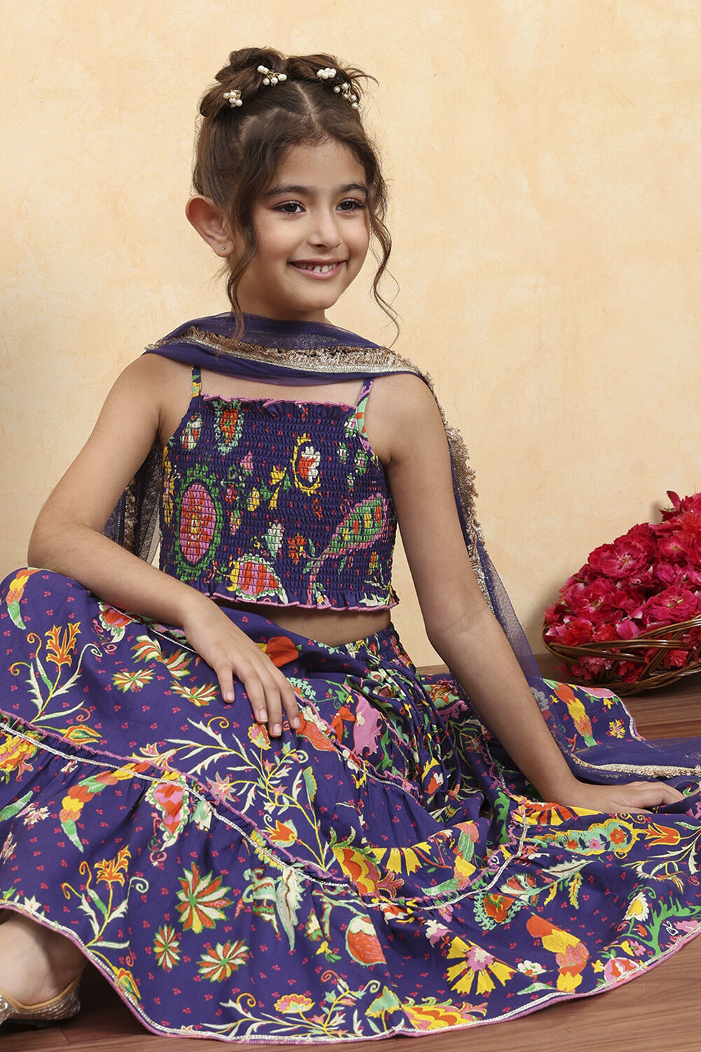 Purple Cotton Printed Tiered Lehenga Set image number 7