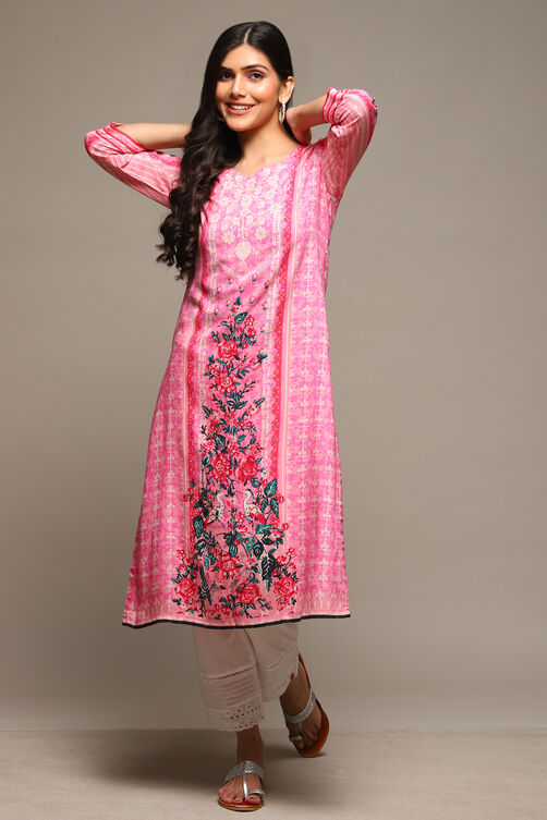 Pink LIVA Straight Printed Kurta image number 0