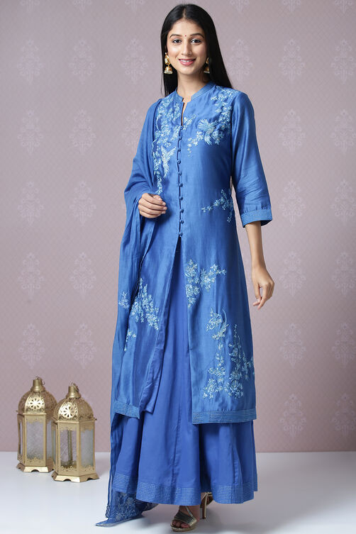 Blue Cotton Silk Front Open Kurta Skirt Suit Set image number 3
