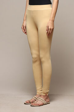 Beige Cotton Blend Solid Leggings image number 2