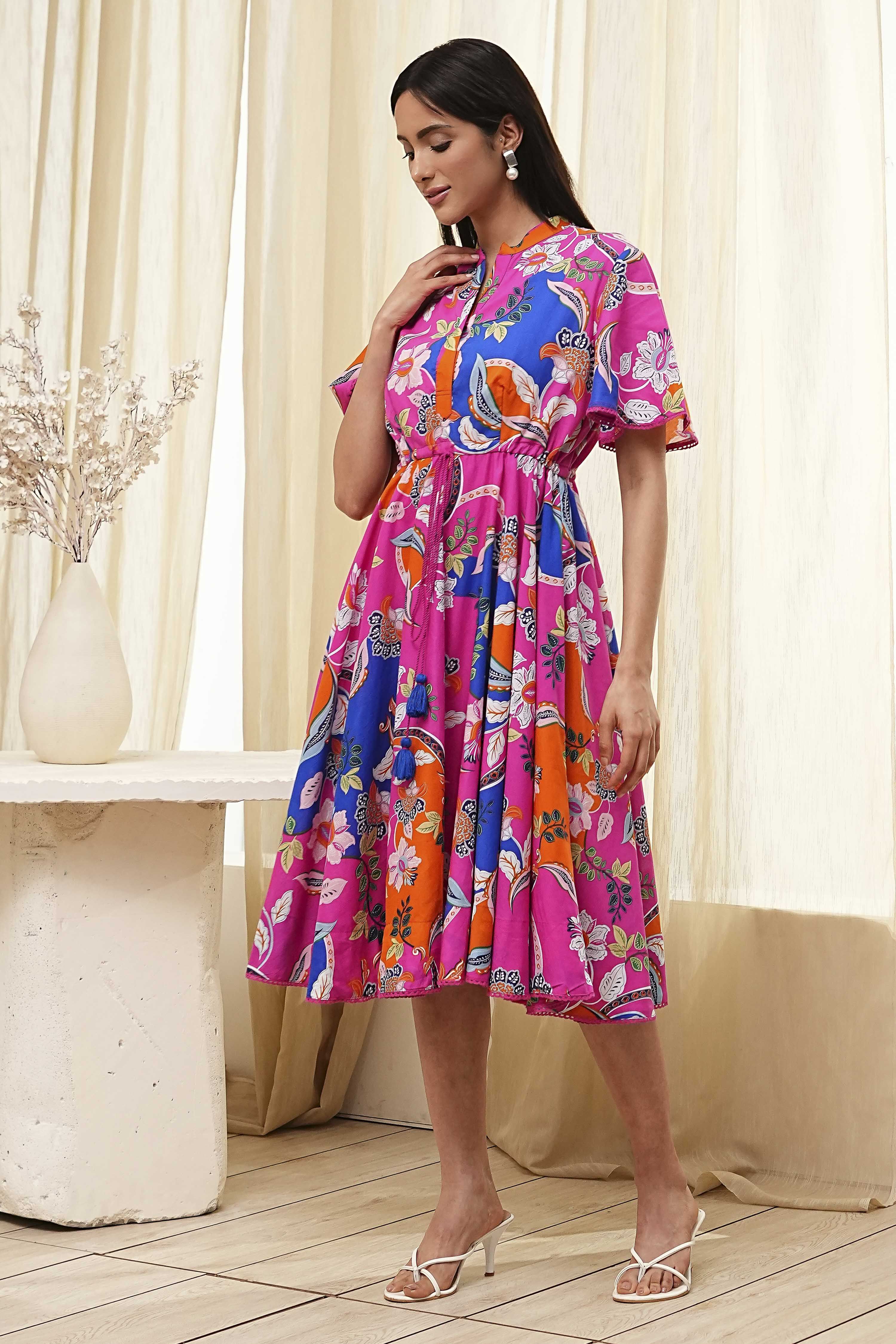 Pink Cotton Printed Flared Dress image number 5