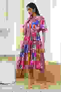 Pink Cotton Printed Flared Dress image number 5