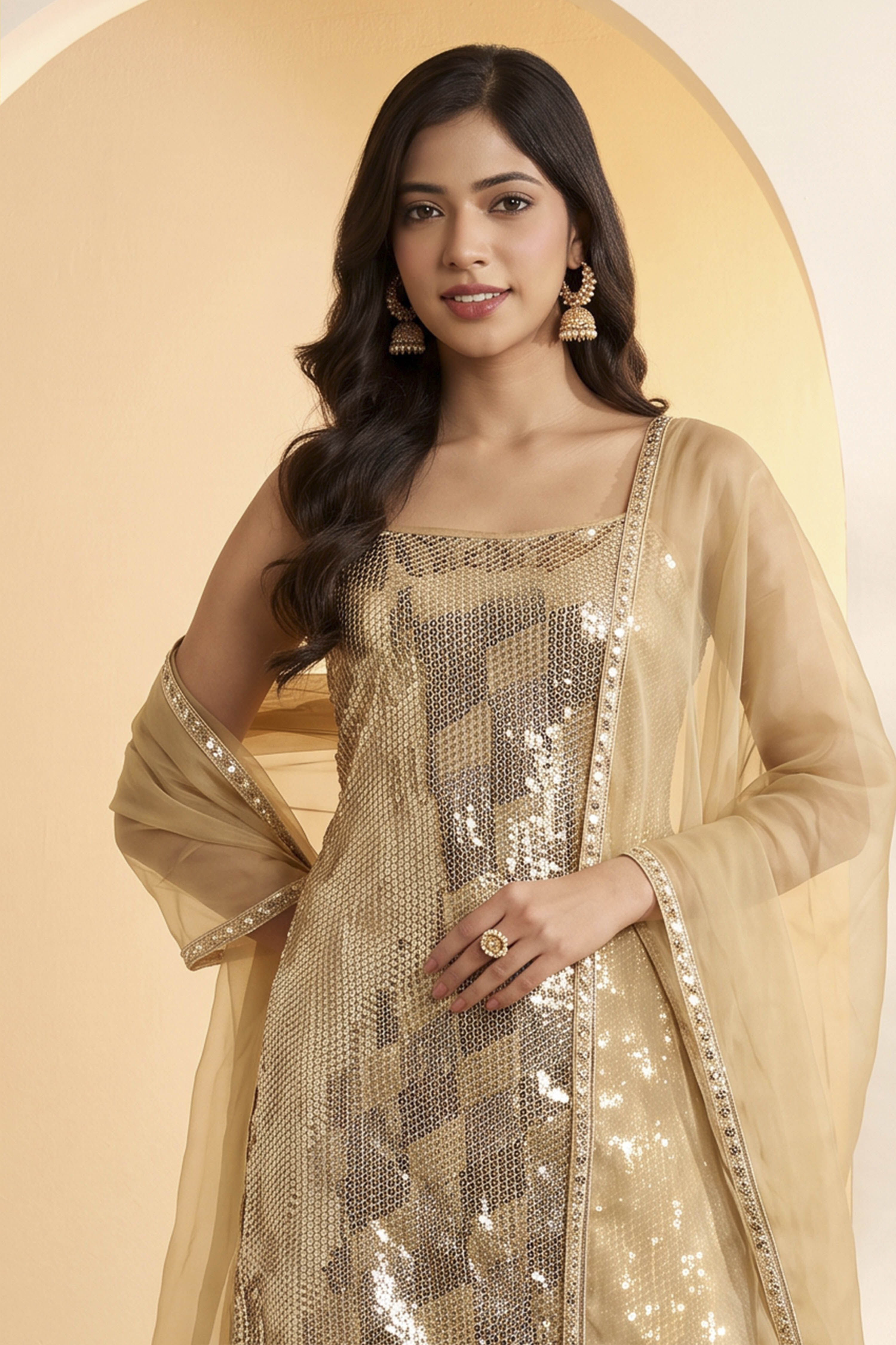 Gold Viscose Georgette Straight Suit Set image number 1