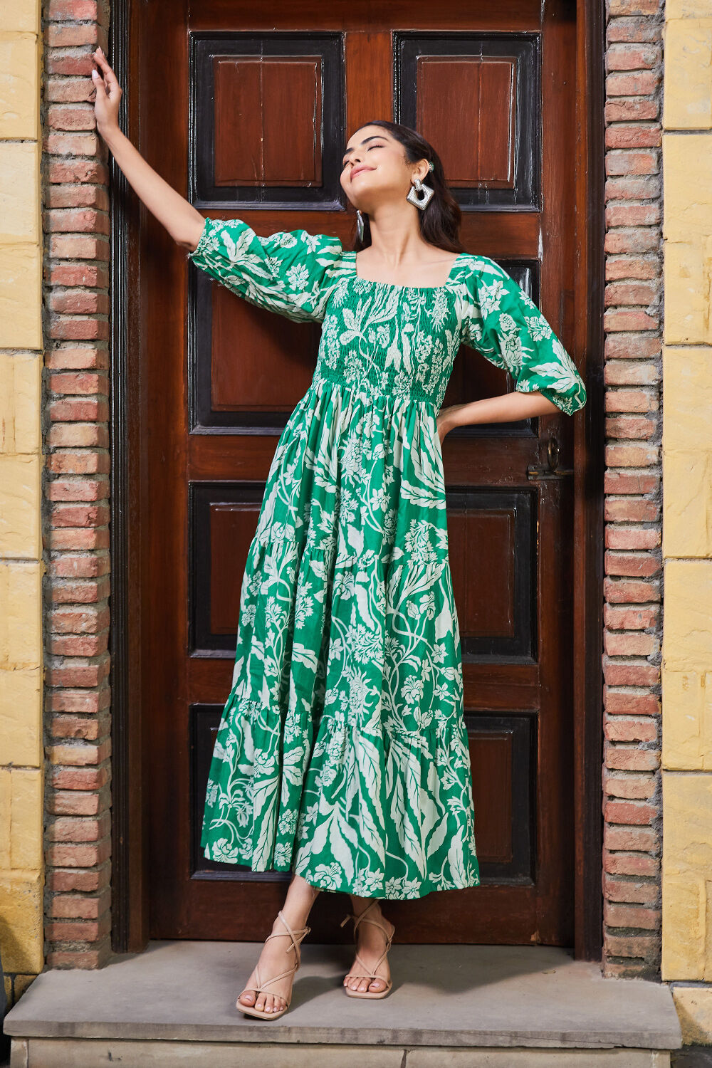 Green Cotton Tiered Dress image number 2
