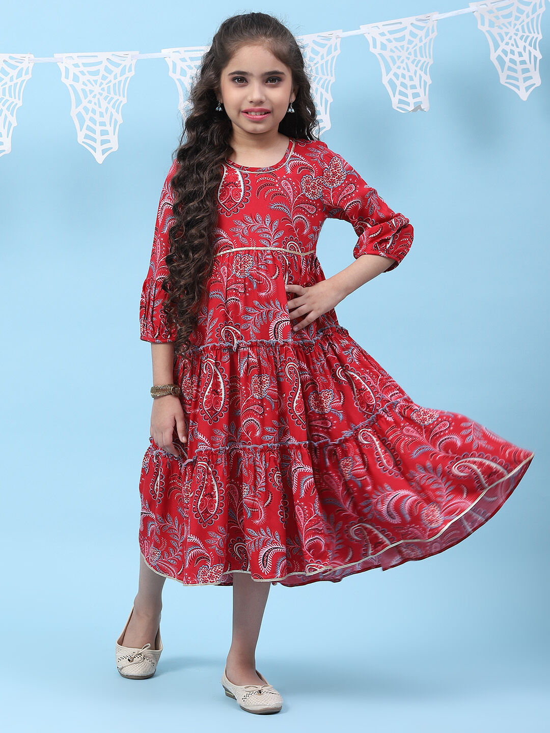 Red Rayon Tiered Printed Kurta Dress