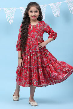 Red Rayon Tiered Printed Kurta Dress image number 0