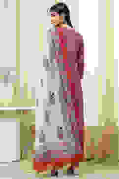 Pink Cotton Screen Print Unstitched Suit Set image number 5