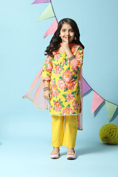 Yellow Cotton Straight Kurta Slim Pants Suit Set image number 0